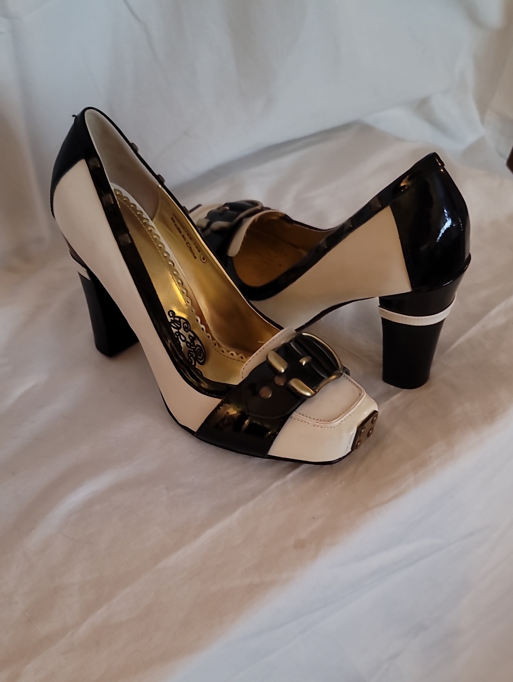 Naughty Monkey Black and Ivory Women's Block Heel Pumps with Buckle Detail